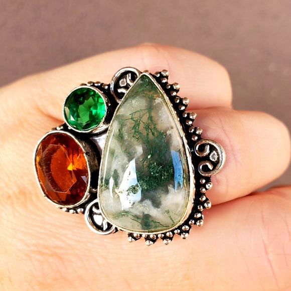 New Huge Moss Agate and Citrine 925 Silver Ring. - Picture 15 of 16